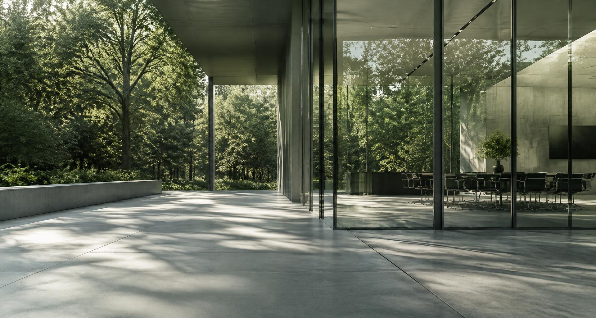Modern glass meeting space overlooking green trees